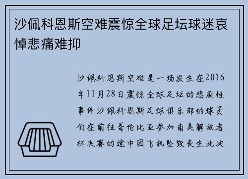 沙佩科恩斯空难震惊全球足坛球迷哀悼悲痛难抑 沙佩科恩斯空难震惊全球足坛球迷哀悼悲痛难抑