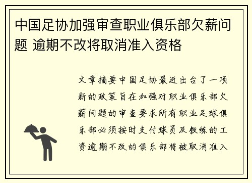 中国足协加强审查职业俱乐部欠薪问题 逾期不改将取消准入资格 中国足协加强审查职业俱乐部欠薪问题 逾期不改将取消准入资格