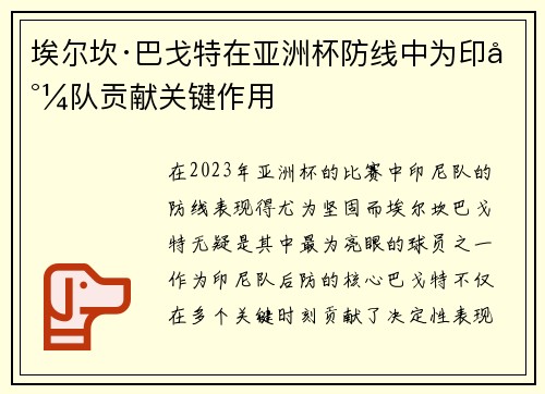 埃尔坎·巴戈特在亚洲杯防线中为印尼队贡献关键作用